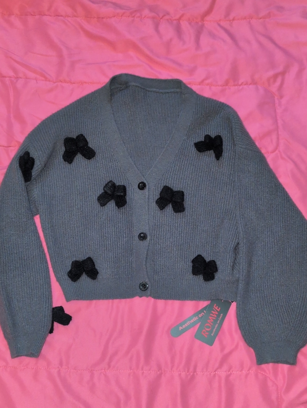 ROMWE Gray Cropped Cardigan with Black Bow Accents